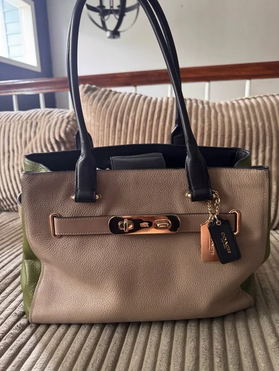 Coach Colorblock Taupe, Navy, and Lime Leather Satchel with Gold Hardware - Picture 4 of 7